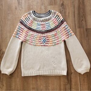 Zara Cream Embroidered Fair Isle Colorful Sweater